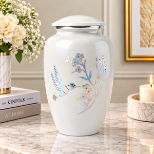 Urne funéraire blanche pour cendres avec motif botanique d'oiseau en vol, effet nacre, pour rangement commémoratif décoratif - Product Image 1