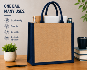 Jute Shopping <b>Bag</b> Medium <b>Navy</b> Blue Handles Grocery Tote Hand Length Handle - Product Image 6
