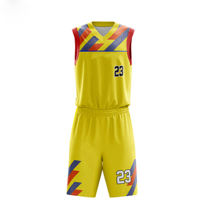 Uniforme de basket-ball personnalisé, imprimé géométrique jaune, ensemble de shorts en jersey sublimé, évacuation de l'humidité, taille adulte unisexe - Product Image 4