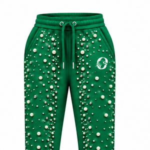 Emerald Green Pearl Beaded <b>Jogger</b> Pants <b>Women</b> Fashion Embellished Drawstring Sweatpants Luxury Casual Streetwear <b>Fleece</b> Bottoms - Product Image 3