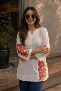 Robe trapèze décontractée bohème pour femme, blanche, brodée de fleurs, infroissable, à manches longues, séchage rapide, longueur midi, pour le quotidien - Product Image 3