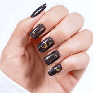 Uñas Postizas Galaxy Art Press, ABS, 24 Piezas, Forma Almendrada Mediana, Negro Brillante, Estampado de Luna Dorada Celestial, OEM ODM, Longitud Personalizada - Product Image 2
