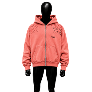 Sweat à capuche zippé pour homme en polaire corail vieilli avec manches cloutées, coupe oversize, imprimé géométrique, style décontracté pour l'automne, mode décontractée et confortable - Product Image 1