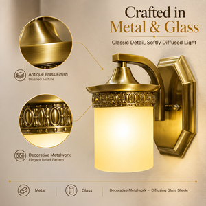 Lámpara de pared de montaje en superficie E27 de metal y vidrio con acabado en latón y tres temperaturas de color para pasillos de hotel y dormitorios - Product Image 4
