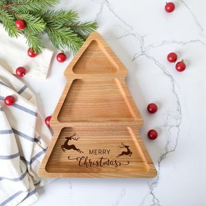 Plateau de service rectangulaire en bois écologique et durable, gravé, avec compartiments, pour apéritifs et collations de fêtes - Product Image 1