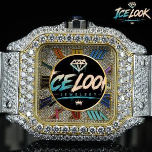 Montre à quartz de luxe en acier inoxydable Ice Look, cadran rectangulaire, incrustation de cristal saphir, bracelet décoré de strass, bijoux de mode - Product Image 2
