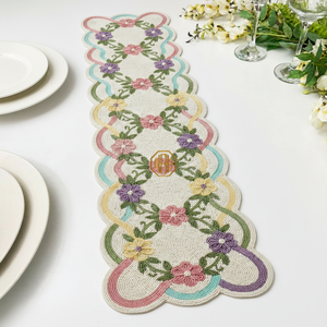 Ivory Beaded Modern Floral Embroidered <b>Table</b> <b>Runner</b> Shamrock Border Handmade Green Gold <b>Table</b> Linen Wholesale OEM ODM - Product Image 3