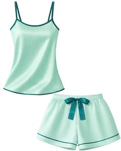 Mint Green Teal Satin Women Pajama Set Silk Sleepwear <b>Spaghetti</b> <b>Strap</b> Cami And Shorts Soft Luxury Nightwear Summer Lounge Set - Product Image 1