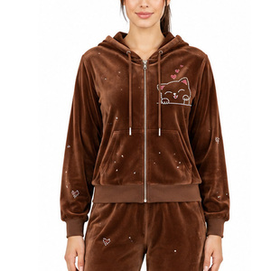 Conjunto Deportivo de Terciopelo para Mujer, Chaqueta con Capucha y Detalle Decorativo en el Pecho, Pantalones Anchos, Ropa de Salón Afelpada, Fabricante Personalizado al por Mayor - Product Image 4