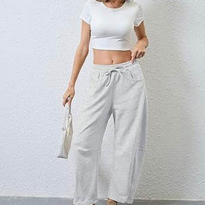 Pantalon de survêtement à jambes larges pour femme, avec cordon de serrage, taille élastique, pantalon palazzo décontracté en coton avec poches - Product Image 5