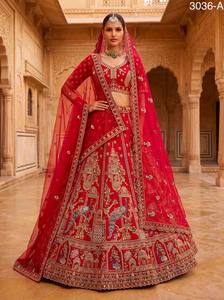 <b>Red</b> Floral Print Embroidered Organza Lehenga Choli with <b>Crop</b> <b>Top</b> and Dupatta Floor-Length A-Line for Bridesmaid 3036-A - Product Image 4