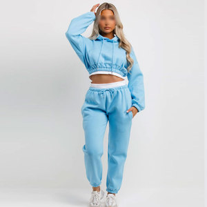 Conjunto de Sudadera Corta Azul Claro para Mujer con Pantalones Jogger a Juego, Color Sólido, Manga Larga, Informal, Transpirable, Tejido de Felpa, 100% Felpa - Product Image 4