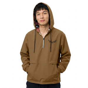 Chaqueta cortavientos marrón con capucha y cremallera de un cuarto para hombre, con forro a cuadros y logotipo bordado, estilo casual para otoño. - Product Image 2