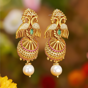 Antique Bohemian Peacock Drop Earrings 18K Gold Plated Pearl Hoops for Party - Product Image 3