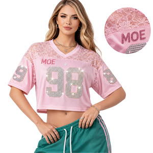 Trendy Pink Lace Crop <b>Top</b> V-Neck American Football Jersey Women Cropped Y2K <b>Mesh</b> <b>Top</b> Customized <b>Rhinestones</b> Summer Apparel - Product Image 6