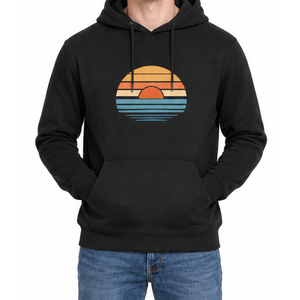 Sudadera con Capucha Negra para Hombre con Estampado Retro de Atardecer, Corte Regular, Diseño Casual con Logotipo Frontal, Sudadera de Algodón - Product Image 1