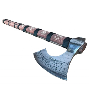 Hacha decorativa de estilo vikingo de moda con runas nórdicas grabadas, cabeza de metal ornamental y mango de madera envuelto. - Product Image 1