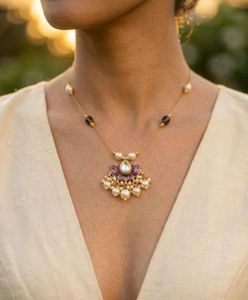 Customized Wholesale High Quality Alloy Matte Gold Plated Zircon Pearl Women's Temple Necklace Earrings Set Ethnic Wedding <b>Gift</b> - Product Image 3