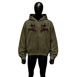 BROWN RHINESTONE ZIP UP HOODIE TRIBAL <b>GOTHIC</b> GRAPHIC Y2K STREETWEAR OVERSIZED STUDDED PUNK GRUNGE HOODED SWEATSHIRT <b>JACKET</b> - Product Image 1