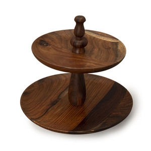 Rustic Wooden Two-Tier <b>Cake</b> <b>Stand</b> Crafted With Natural Dark Wood Grain Turned Central Spindle Pillar Handle For Serving & Decor - Product Image 3
