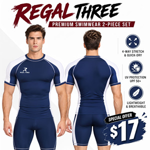 Conjunto de Natación de 2 Piezas para Hombre con Bloques de Color, Camiseta de Manga Corta con Cuello Redondo y Pantalones Cortos de Secado Rápido, Conjunto de Natación de Poliéster con Protección Solar para Hombre - Product Image 1