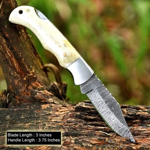UA Supplies OEM Industrial Grade Damascus Steel Foldable Pocket <b>Knife</b> <b>Bone</b> <b>Handle</b> Clip Point Blade 0.5mm Thick Thumb Knob - Product Image 3