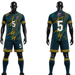 Ensemble de maillot de football pour homme ORVO, design rayé vert foncé/jaune, numéro 5, manches courtes, uniforme assorti, short, chaussettes, polyester - Product Image 3