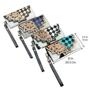 New Style Large-Capacity Hand Tooled Checkered Leather Wristlet <b>Clutch</b> Simple Elegant Genuine Cowhide Leather Wallet for Women's - Product Image 2