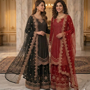 Elegante Traje Sharara Fendy de Seda con Bordado y Lentejuelas, Dupatta con Borde de Encaje, Ropa Festiva para Bodas para Mujer - Product Image 1
