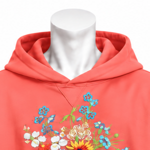 Sweat-shirt à capuche motif bouquet de fleurs corail, broderie florale vibrante, poche kangourou, coupe ample, style décontracté, streetwear - Product Image 3
