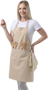 Tablier unisexe pour adulte avec poche avant et bretelles réglables, motif rayé noir et beige - Product Image 2