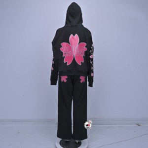 Ensemble de survêtement en polaire anti-plis noir à capuche pour femme, avec sweat-shirt décontracté à fermeture éclair sur le devant, coupe ample et longueur intégrale, motif Rose Éclatante - Product Image 2