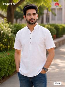 High Quality Khadi Linen with Solid & Half Sleeve Mandarin Collar & Side Slit <b>Man's</b> Short <b>Kurta</b> Collection Supplier from Surat - Product Image 6
