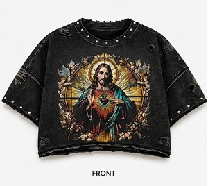 Camiseta de Gran Tamaño Personalizada, 100% Algodón, Estilo Vintage con Pedrería, Desgastada, Estilo Urbano, Impresión Serigrafiada, Corte en el Borde, Secado Rápido para Hombre - Product Image 1