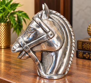 Statue de tête de cheval artisanale en finition argentée, sculpture de buste équestre en métal avec bride et crinière détaillées, animal décoratif - Product Image 5