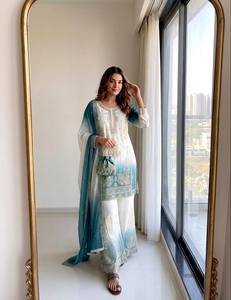 Elegant White Silk Salwar Kameez With Blue Dupatta Embroidered Ankle-Length Women's <b>Wedding</b> Wear India Pakistan Regular Fit - Product Image 2