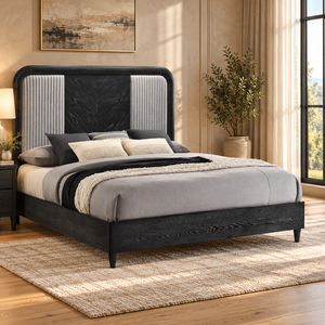 Base de Cama King con Cabecero Tapizado Arqueado, de Chapa de Fresno, Diseño Moderno y Contemporáneo para Dormitorio, Muebles para Proyectos, UE - Product Image 1