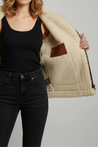 Chaqueta de moto para mujer de cuero genuino marrón con cuello de piel y cremallera. - Product Image 2