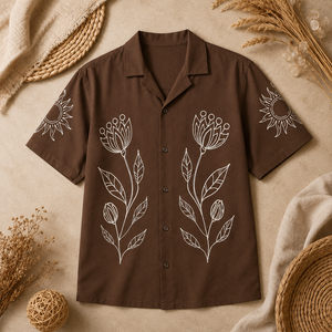Premium Men's Brown Cotton Embroidered <b>Shirt</b> <b>Half</b> Sleeve Casual Cuban Collar <b>Shirt</b> with White Floral Design - Product Image 3