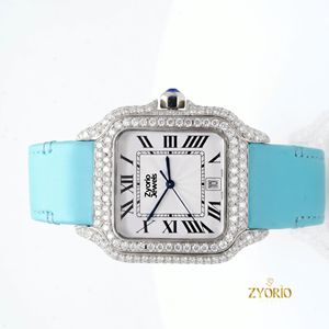 Reloj de Lujo con Diamantes para Hombre, Correa Azul Claro, Esfera Cuadrada de Acero Inoxidable, Estilo Hip Hop - Product Image 3
