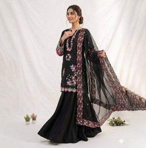 New beautiful black Silk <b>Top</b>-Sharara Dupatta Set Embroidery <b>Sequins</b> Work Fully Stitched Ready Wear Diwali <b>Party</b> Premium Dress - Product Image 1