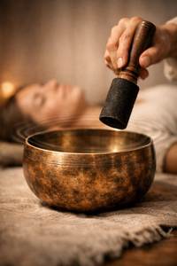 Bol de méditation artisanal en laiton avec marteau de frappe, conçu pour les enseignants de yoga, les thérapeutes sonores et les chakras - Product Image 2