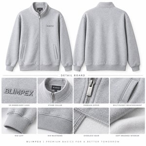 Custom Unisex Full Zip <b>Sweatshirt</b> Jacket Heather <b>Grey</b> Cotton Fleece Stand Collar with Tonal 3D Embroidered Logo OEM Private - Product Image 5