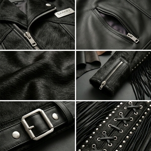 Custom Mens Western Goth Rockstar Cowhide Hair On Fringe Studded Heavy Metal Asymmetric Zip Motorcycle <b>Biker</b> Punk Luxury Coat - Product Image 5