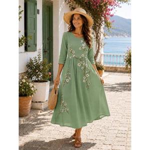 Multi Color Handmade A-Line Maxi <b>Dress</b> Three Quarter Sleeve O-Neck 100% Cotton Eco-Friendly Breathable Party Summer <b>Romantic</b> - Product Image 3