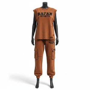 ชุดเซ็ตผู้หญิง กางเกงจ็อกเกอร์ผ้าฟลีซคอตตอนพรีเมียม 300 GSM สีน้ำตาลเฮเธอร์ แบบไม่มีแขนเสื้อ พร้อมกางเกงคาร์โก้พิมพ์ลายโลโก้ตามสั่ง - Product Image 6