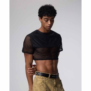 <b>Men's</b> Black <b>Mesh</b> Crop T-Shirt Short Sleeve O-Neck Color Blocked Street Style Regular Fit Breathable <b>Top</b> - Product Image 5