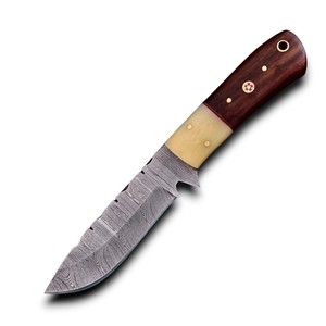 มีดสกินเนอร์เหล็กดามัสกัสทำมือ ด้ามจับไม้พะยูงและกระดูก ขนาด 8 นิ้ว ปลายหยดน้ำ คมกริบ สำหรับการเอาตัวรอดกลางแจ้งและการใช้งานทางยุทธวิธี - Product Image 1