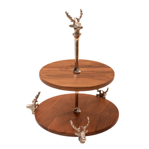 Handcrafted 2-Tier Acacia Wood Cake Stand With Silver Deer Antler Accents Walnut Finish Dessert Display And Wedding Serving <b>Tray</b> - Product Image 1