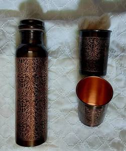 Vintage Floral Printed Copper Water <b>Bottle</b> with Glass Ayurvedic Drinking <b>Bottle</b> Reusable Copper <b>Flask</b> Set - Product Image 1